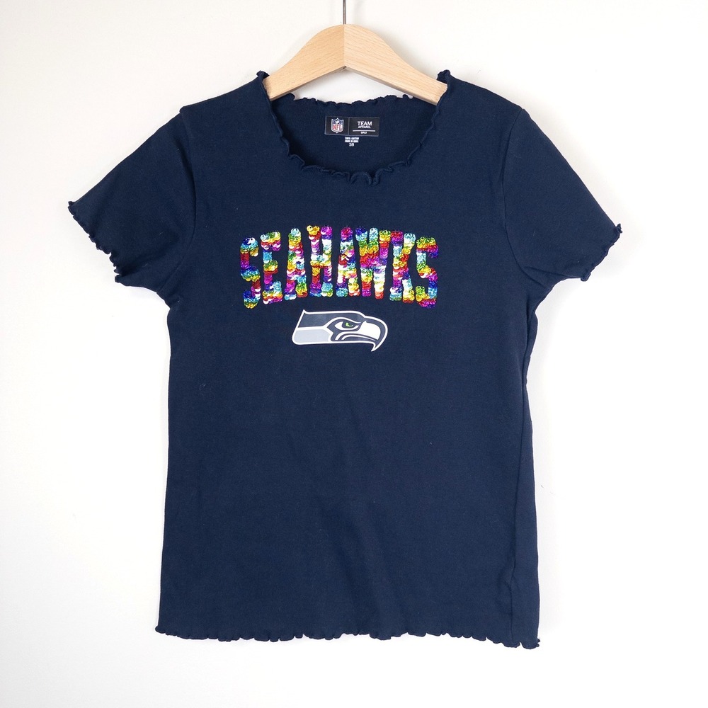 Girls Seattle Seahawks NFL Team Apparel Navy Blue Sequins T-Shirt Size 7-8